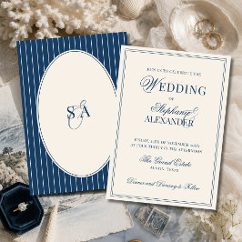 Convite Casamento Clássico Monograma Azul Marinho Marfim D