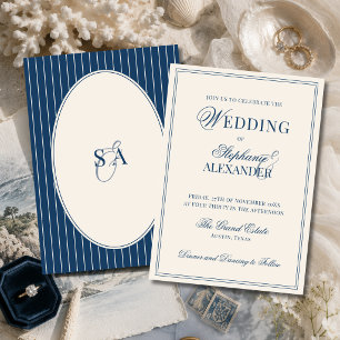 Convite Casamento Clássico Monograma Azul Marinho Marfim D