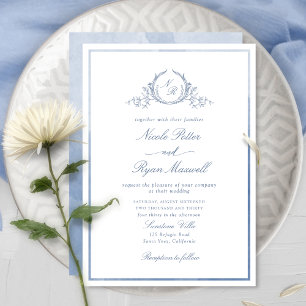 Convite Casamento Clássico Monograma Dusty Blue Watercolor