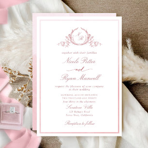 Convite Casamento Clássico Monograma Dusty Rosa Watercolor