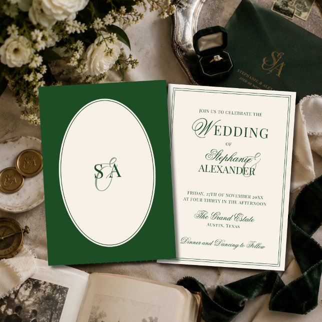Convite Casamento Clássico Monograma Esmeralda Verde Old M (Criador carregado)