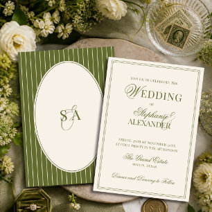Convite Casamento Clássico Monograma Old Money Verde Oliva