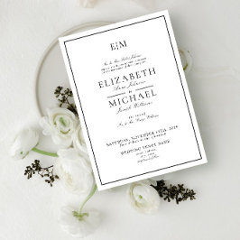 Convite Casamento Clássico Monograma Preto Branco Elegante