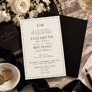 Convite Casamento Clássico Monograma Preto Marfim Vintage