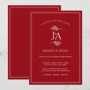 Convite Casamento Clássico Monograma Vermelho Carmesim Ele