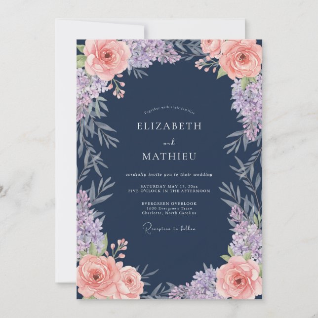 Convite Casamento Clássico Navy Coral Blossom (Frente)