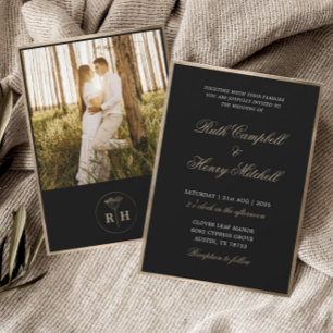 Convite Casamento Clássico Preto Branco & Monograma Dourad