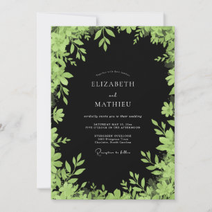 Convite Casamento Clássico Preto com Folhas de Chartreuse