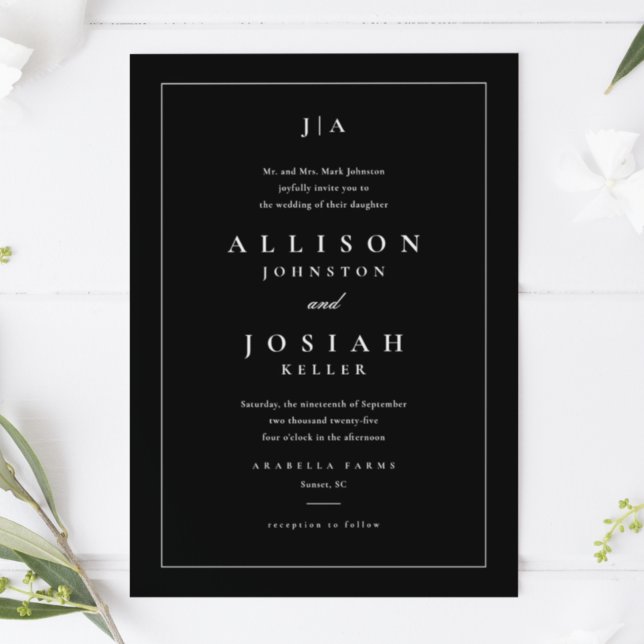 Convite Casamento Clássico Preto e Branco (Classic formal black and white wedding invitation with couples monogram and elegant typography.)