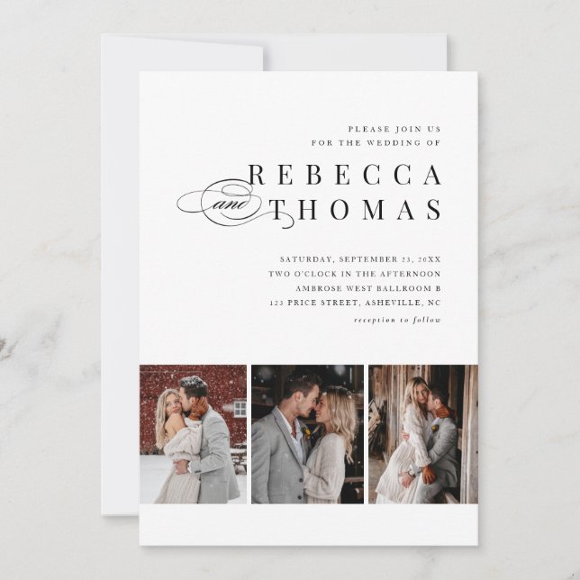 Convite Casamento Clássico Preto e Branco com 3 Fotos  (Frente)