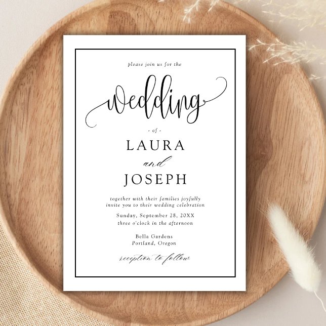 Convite Casamento Clássico Preto e Branco com Letra Elegan (Elegant script black and white wedding invitation sets a timeless romantic tone with your details)