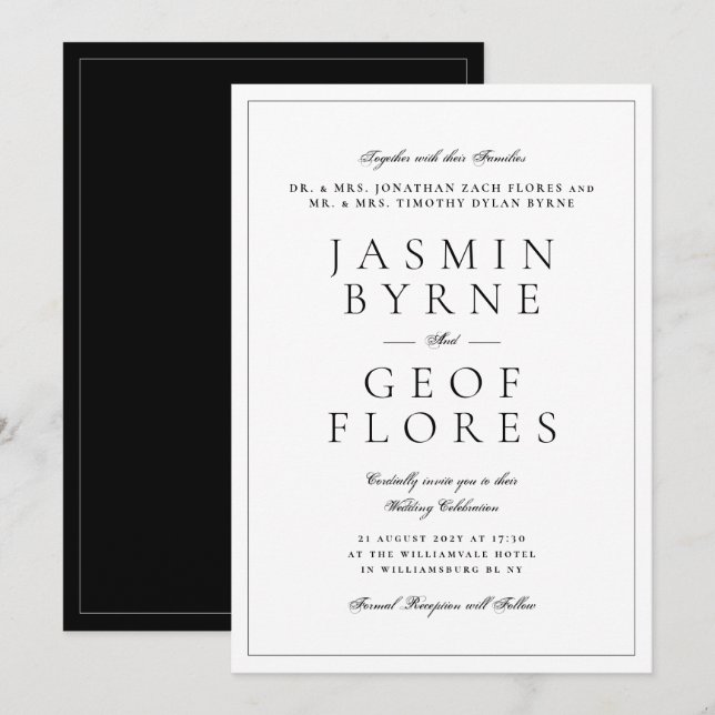 Convite Casamento Clássico Preto e Branco Minimalista Eleg (Frente/Verso)