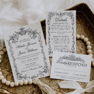 Convite Casamento Clássico Preto e Branco Vintage de Dinhe