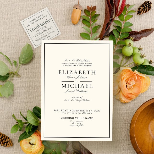 Convite Casamento Clássico Preto e Creme com Letra Elegant (Criador carregado)