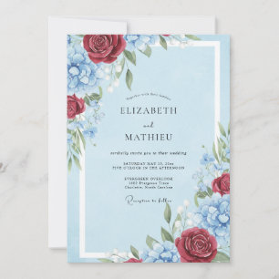 Convite Casamento Clássico Rosa Azul Pálido Borgonha