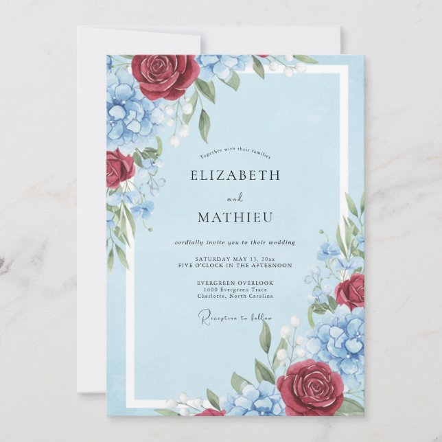 Convite Casamento Clássico Rosa Azul Pálido Borgonha (Frente)