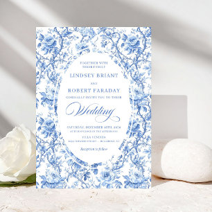 Convite Casamento Clássico Rosa Toile de Jouy Azul Sofisti