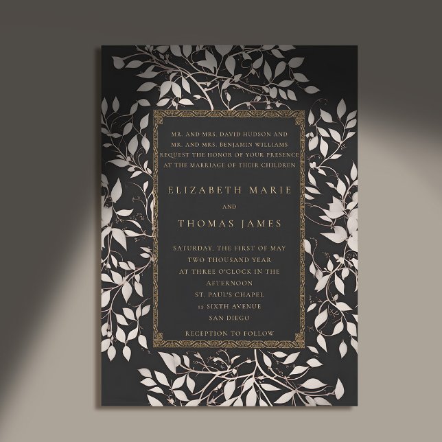Convite Casamento Clássico Tradicional da Floresta Moody P (moody forest wedding invitation botanical frame black white gold elegant classic traditional parents)