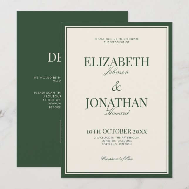 Convite Casamento Clássico Verde Dinheiro Antigo Código QR (Frente/Verso)