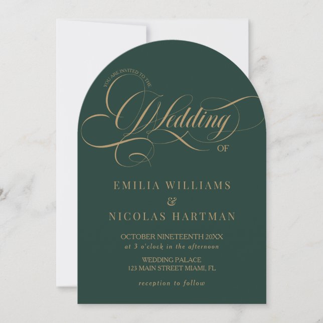 Convite Casamento Clássico Verde Esmeralda e Dourado (Frente)