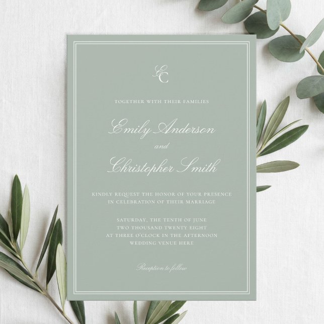 Convite Casamento Clássico Verde Sage Elegante (Criador carregado)