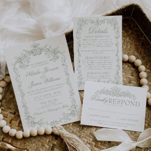 Convite Casamento Clássico Verde Sage Vintage Dinheiro Ant
