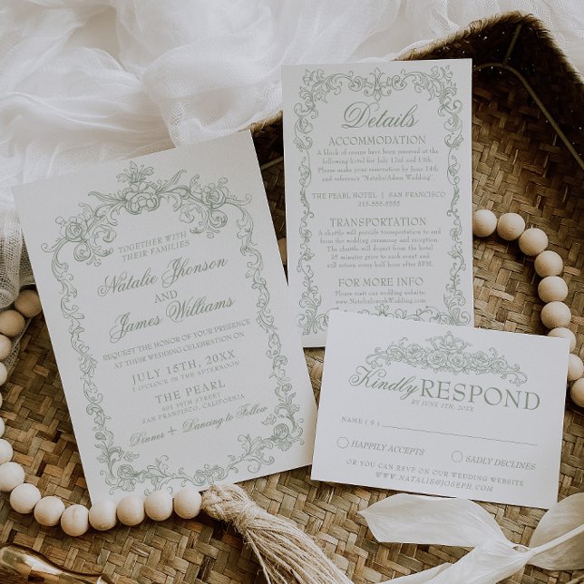 Convite Casamento Clássico Verde Sage Vintage Dinheiro Ant (Criador carregado)