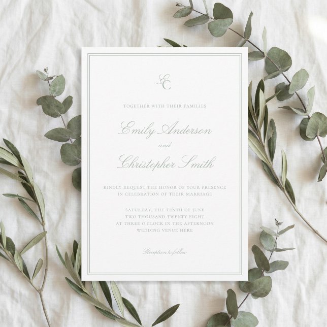 Convite Casamento Clássico Verde Sálvia Elegante (Criador carregado)