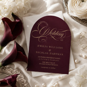 Convite Casamento Clássico Vermelho Vinho e Dourado Tudo E