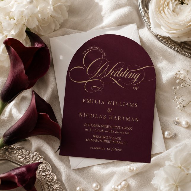 Convite Casamento Clássico Vermelho Vinho e Dourado Tudo E (Criador carregado)