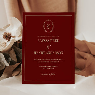 Convite Casamento Clássico Vermelho Vinho Monograma Modern