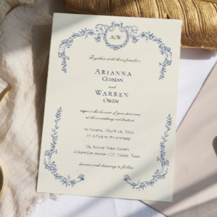 Convite Casamento Clássico Vintage Azul Monograma Elegante