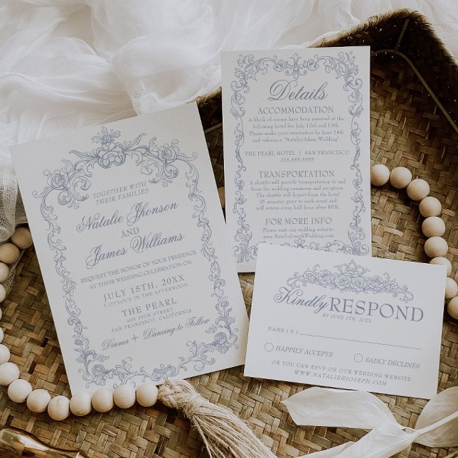 Convite Casamento Clássico Vintage Azul Poeirento com Eleg (Criador carregado)