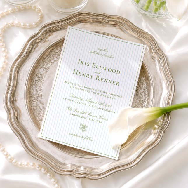 Convite Casamento Clássico Vintage em Verde Sage e Azul (Classic Vintage Sage Green & Blue Wedding Invitation)