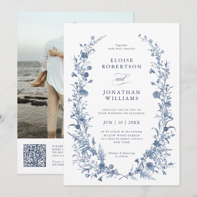 Convite Casamento Clássico Vitoriano Azul Francês Código Q (Frente/Verso)