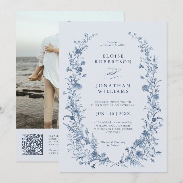 Convite Casamento Clássico Vitoriano Azul Francês Código Q (Frente/Verso)