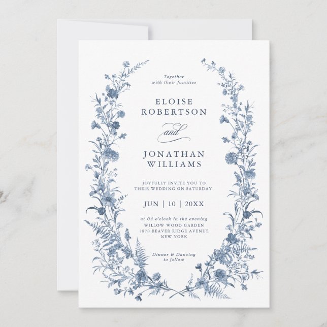 Convite Casamento Clássico Vitoriano Azul Francês Jardim C (Frente)