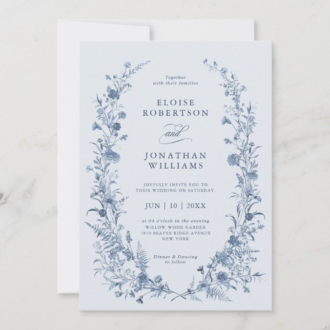 Convite Casamento Clássico Vitoriano Azul Francês Jardim C (Frente)