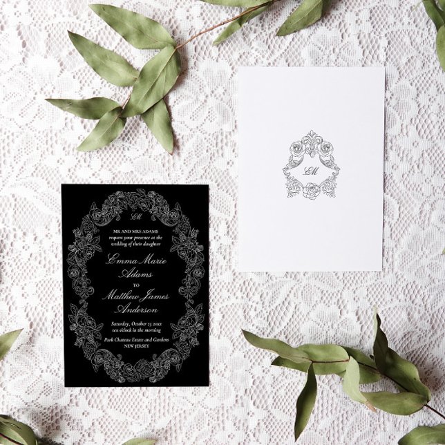Convite Casamento Clássico Vitoriano Negro e Branco (black and white gothic wedding invitation with victorian rococo botanical frames and monogram crests)