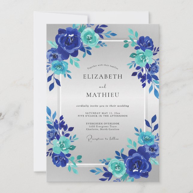 Convite Casamento Cobalt Aqua Bloom (Frente)
