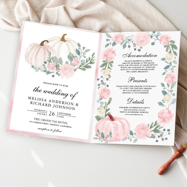 Convite Casamento Código QR Abóbora Floral Rosa Bege (Criador carregado)