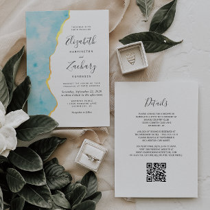 Convite Casamento Código QR Ágata Azul Aqua Aquarela Moder