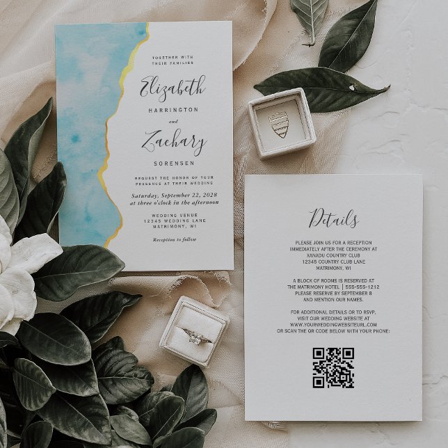 Convite Casamento Código QR Ágata Azul Aqua Aquarela Moder (Criador carregado)