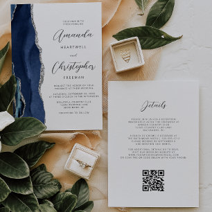 Convite Casamento Código QR Ágata Azul Marinho Prata