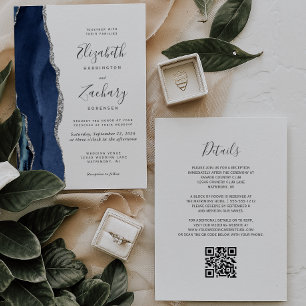 Convite Casamento Código QR Ágata Azul Marinho Prata