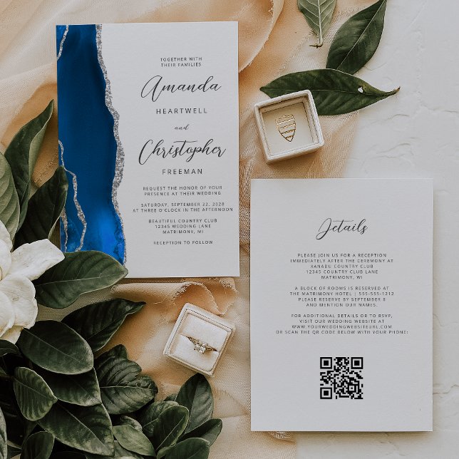 Convite Casamento Código QR Ágata Azul Real Prata (Criador carregado)