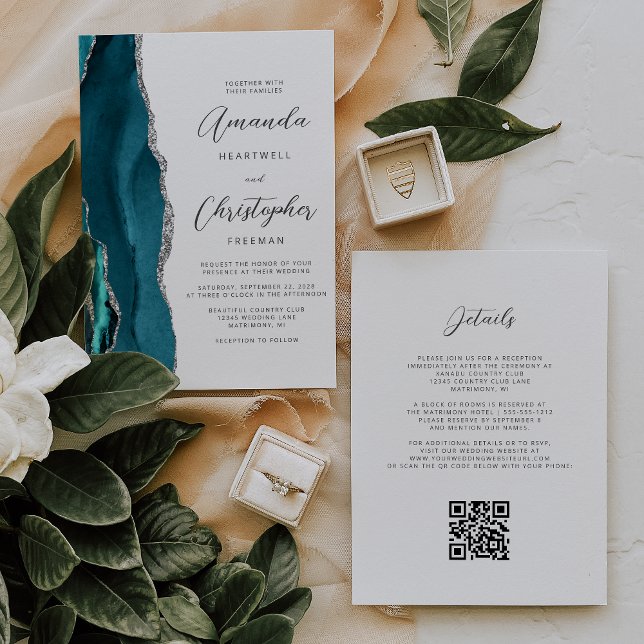 Convite Casamento Código QR Ágata Azul Teal Prata (Criador carregado)