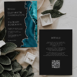 Convite Casamento Código QR Ágata Azul Teal Prata