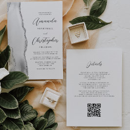 Convite Casamento Código QR Ágata Cinza Prata