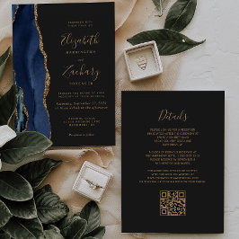 Convite Casamento Código QR Ágata Dourada Azul Marinho